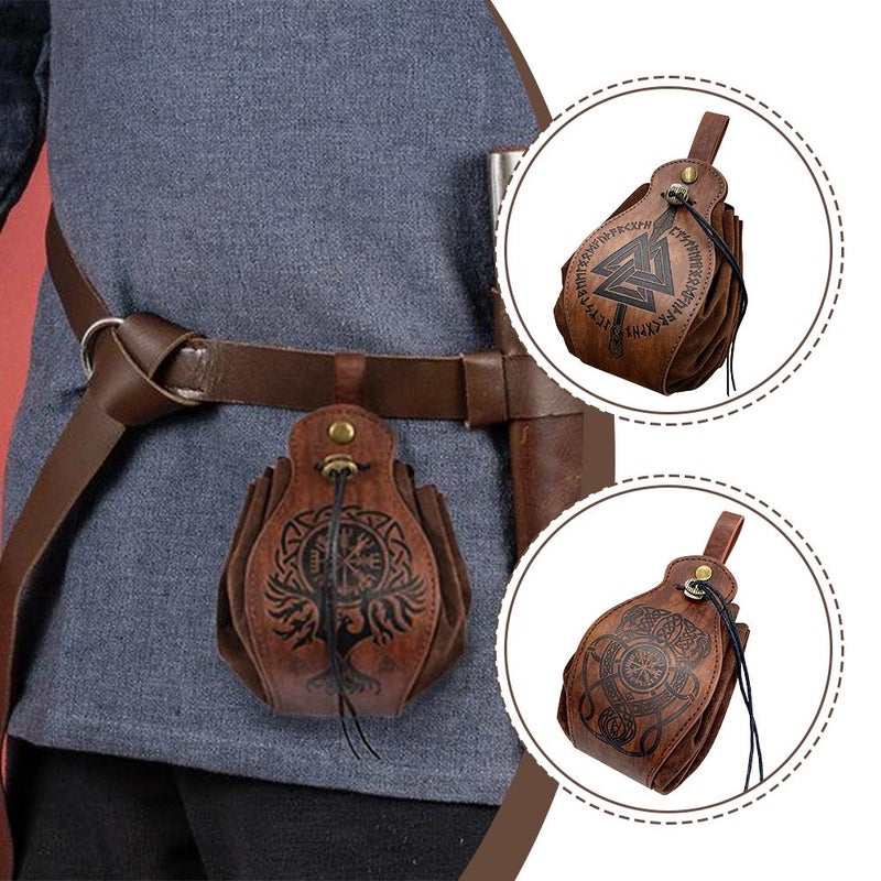 Leather Coin Pouch, Medieval Faux Leather Drawstring Coin Purse with Embossed Design, Vintage Belt Pouch for LARP Cosplay, Daily Use Retro Waist Bag (Brown) - Image 3
